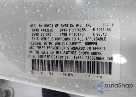 2016 Acura Tlx from USA, damaged, VIN 19UUB1F37GA009139